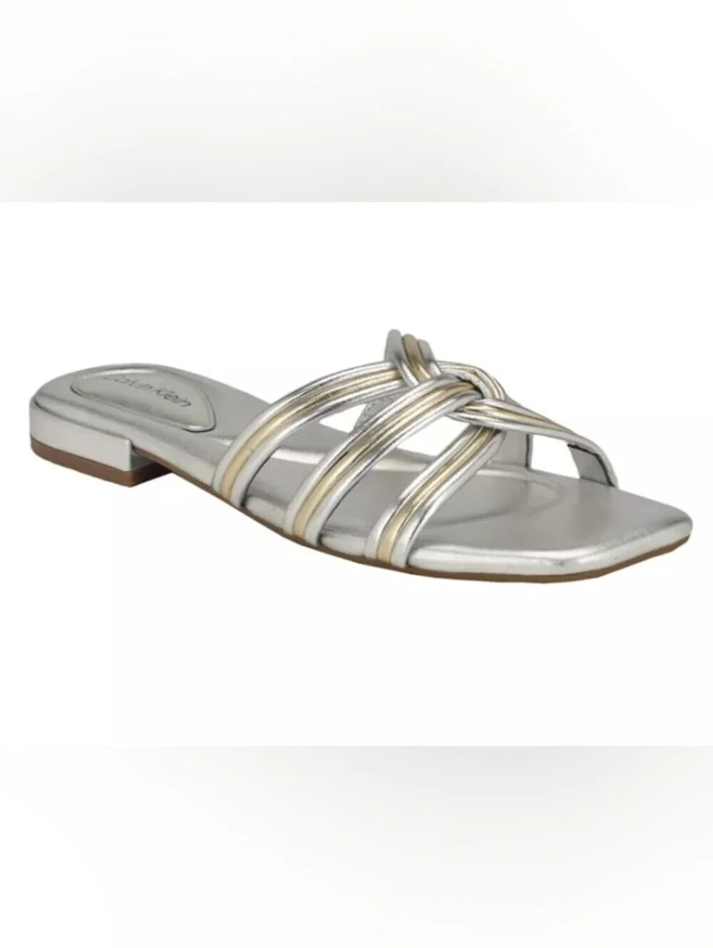 Calvin Klein Metallic Silver Slide Sandal with Knot Straps